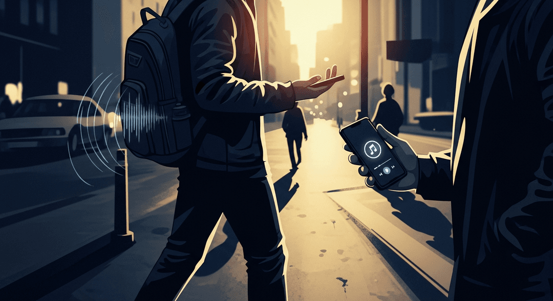 Indie artist engaging in guerilla music marketing, promoting new music release by connecting with potential fans face-to-face in an urban setting.