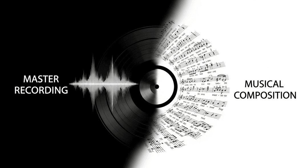 Visual representation distinguishing master recording copyright from musical composition copyright for artists.