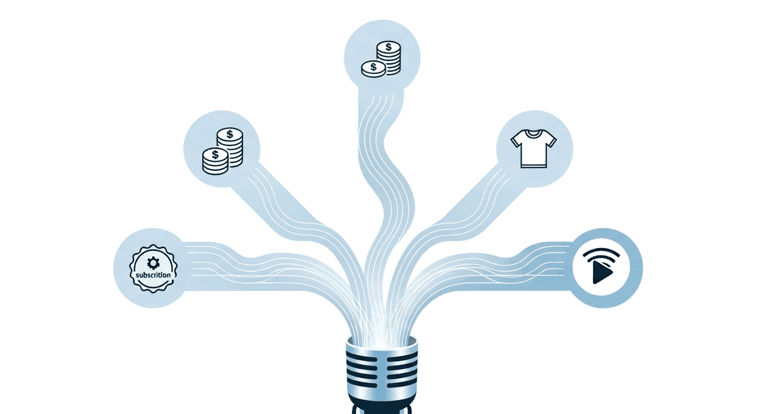 Visual concept of diversified income streams for independent musicians, showing multiple revenue channels flowing from a central music source, symbolizing varied monetization strategies.