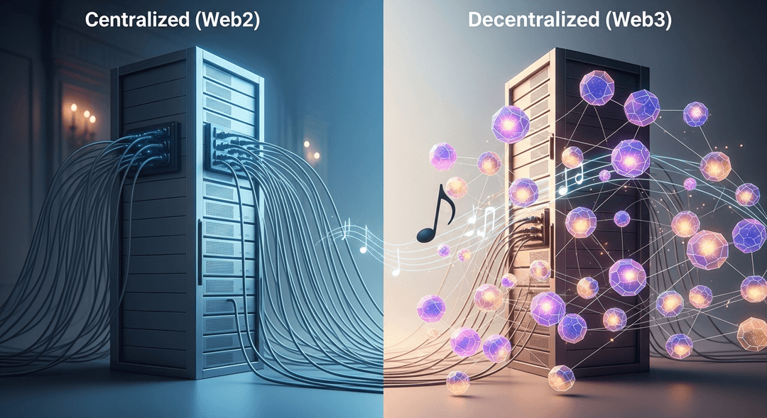 Visual comparison of centralized Web2 music platforms versus decentralized Web3 music opportunities and blockchain royalties.