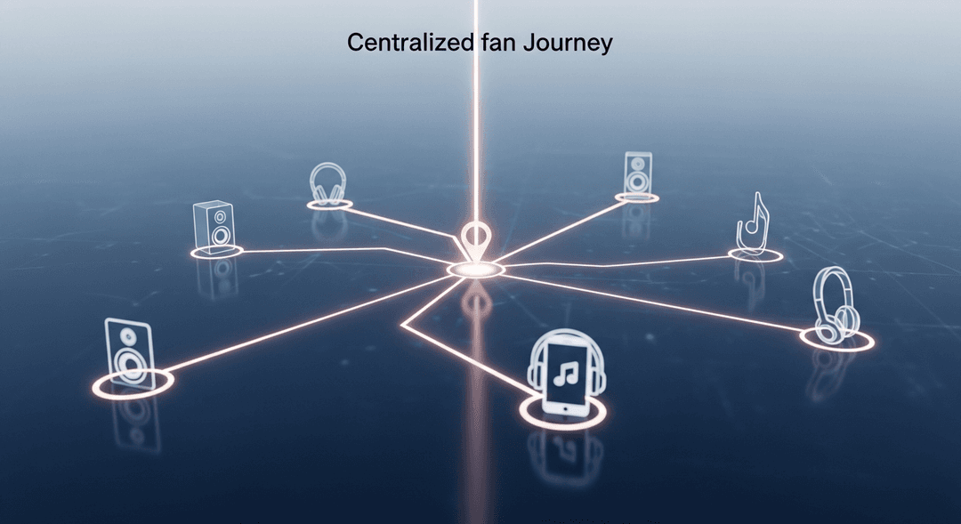Visual representation of a music smart link creating a centralized fan journey, guiding listeners efficiently to their preferred streaming services.
