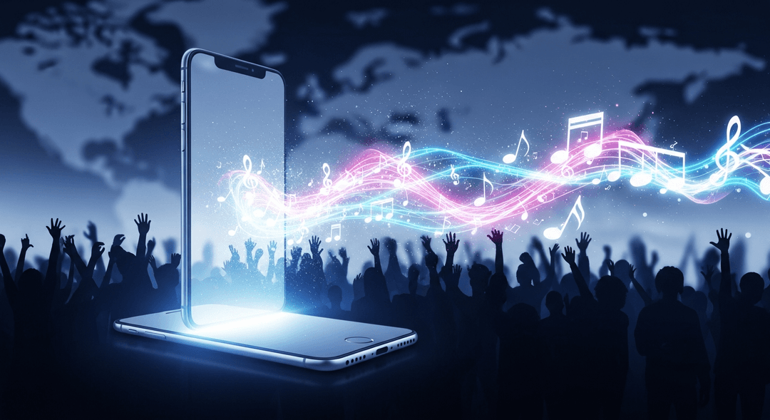 Conceptual image showing short-form video's power for music promotion, with a smartphone screen radiating musical notes and audience engagement.